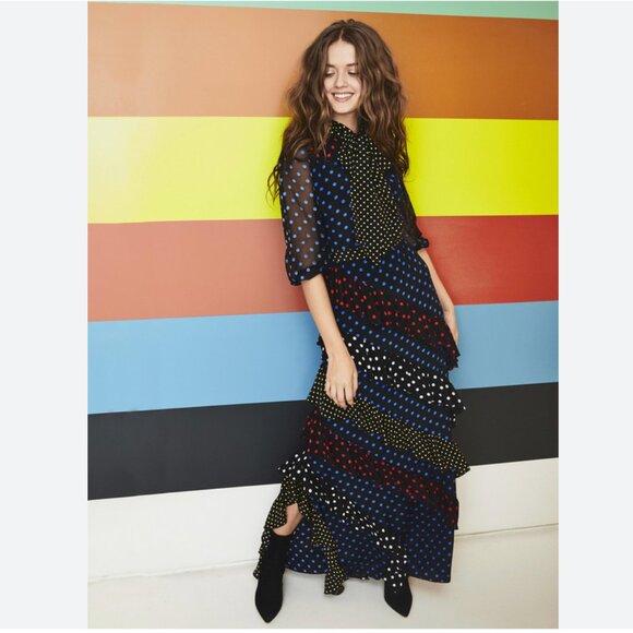 Alice + Olivia Lessie Tie Neck Blouson Sleeve Ruffle Dress - Picture 1 of 14